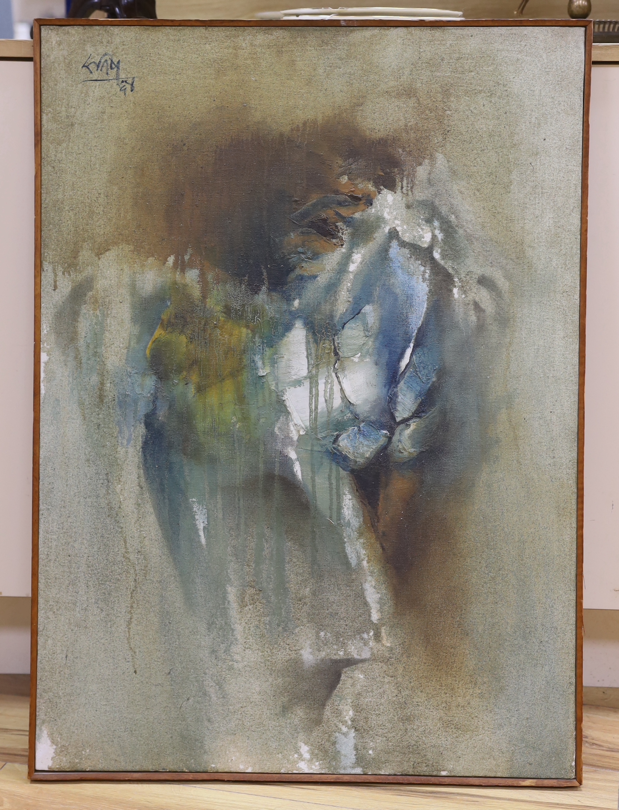 Early 20th century, oil on canvas, abstract composition, indistinctly signed, various inscriptions verso including ‘Panchal & Bombay 1965’, 84 x 60cm